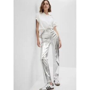GAP High Rise Vegan Leather Cheeky Straight Pants, Silver Metallic, Size 6 Tall